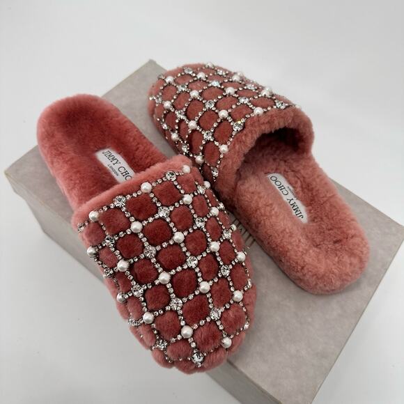 Jimmy Choo Fancy Crystal Blush Pearl Shearling Mules Slippers Size 6 NWT - Picture 5 of 9